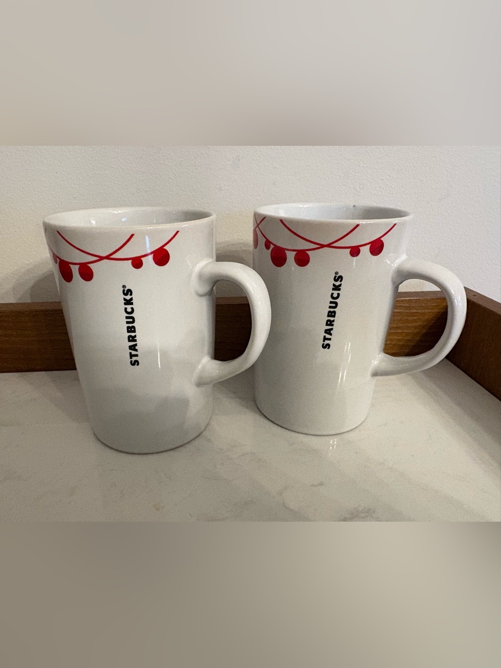 Starbucks 2012 Christmas White Ceramic Mugs with Red Garland Accent - Pair